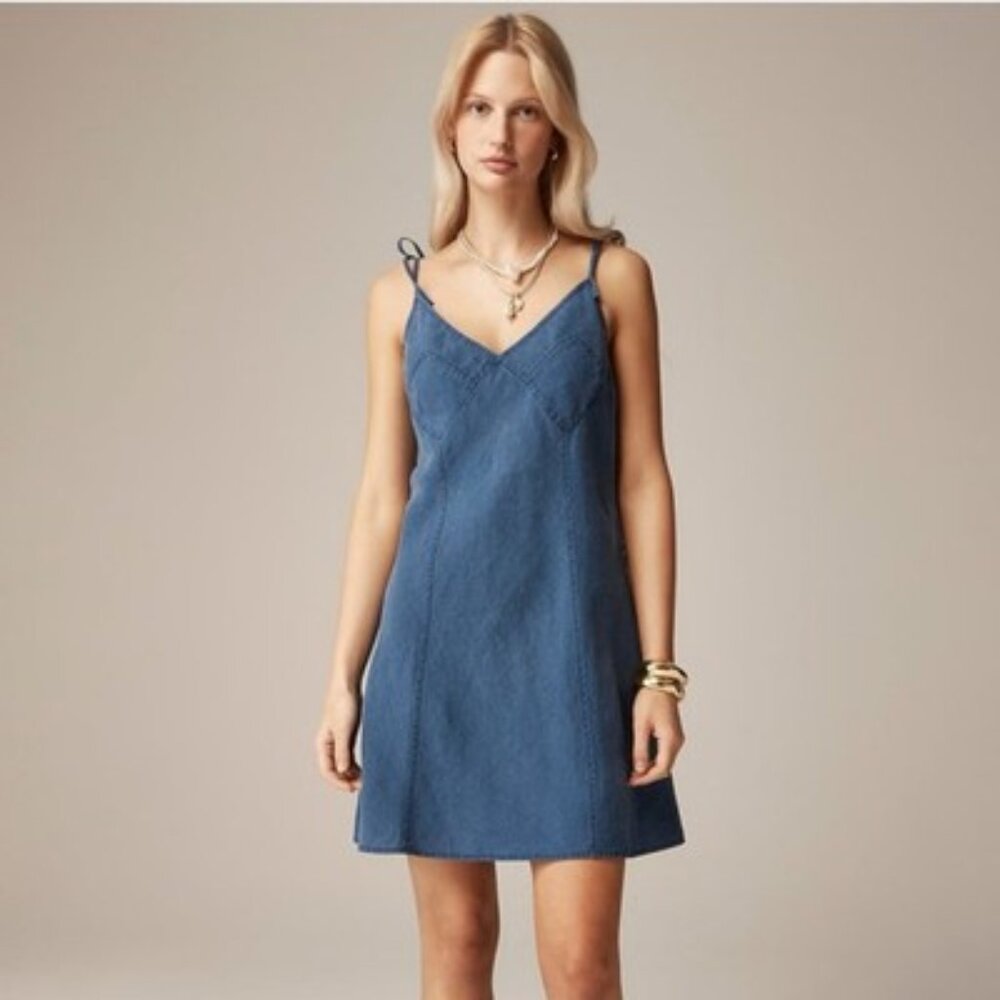 J Crew Tie-shoulder mini slip dress in indigo linen Size 12 BNWT